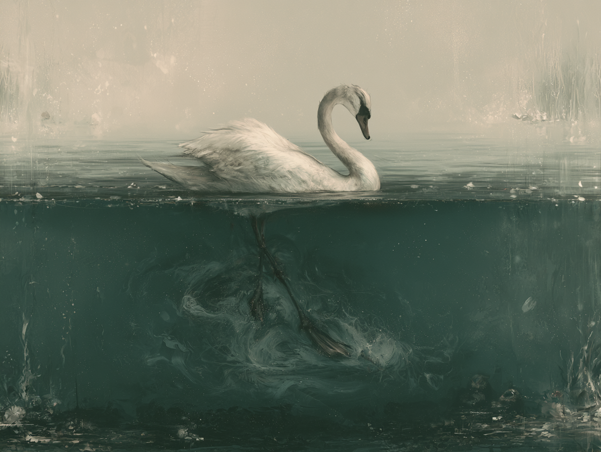 Schwan, der über einen stillen See gleitet, aber unter der Wasseroberfläche panisch mit den Beinen schlägt. Bild für hochfunktionalen Autismus.